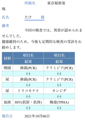 TAKE(タケ) 性病検査結果報告