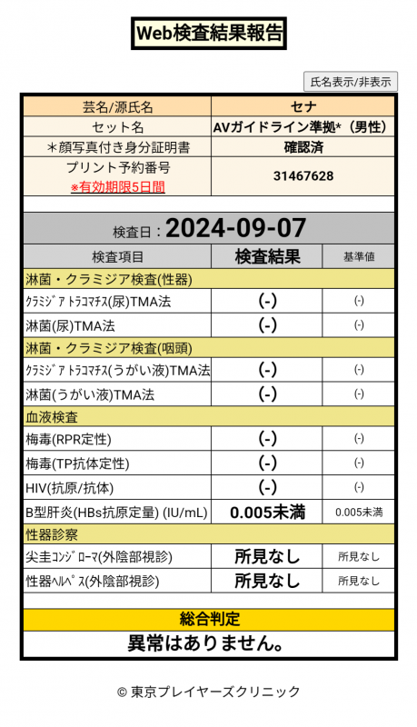 SENA(ｾﾅ) 9/7 性病検査 異常なし◎