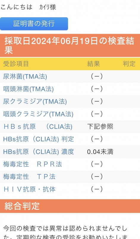 KAIRI（ｶｲﾘ） 性病検査結果