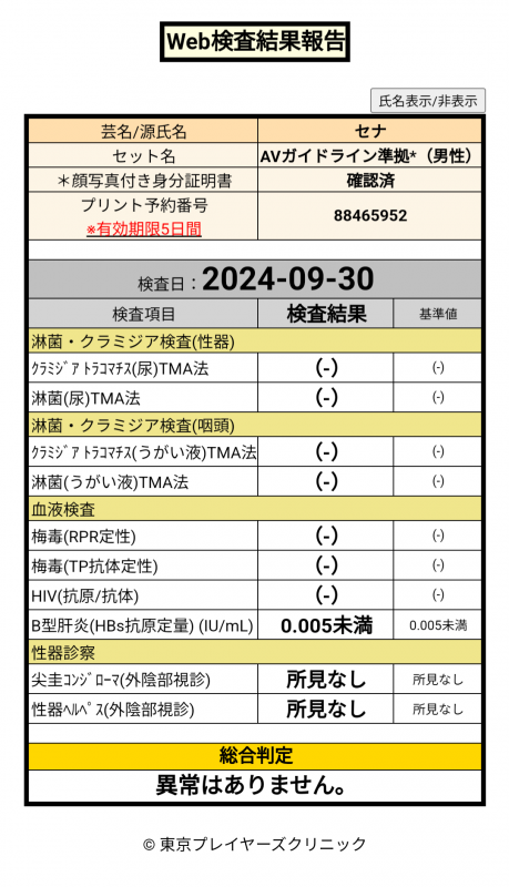 SENA(ｾﾅ) 9/30 性病検査異常なし◎