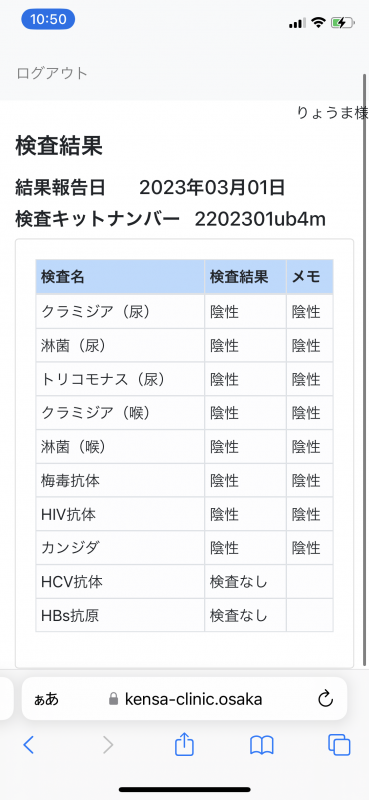 RYOMA(ﾘｮｳﾏ) 2023年3月性病検査【オール陰性】