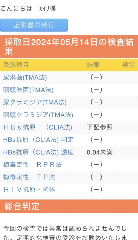 KAIRI（ｶｲﾘ） 性病検査報告